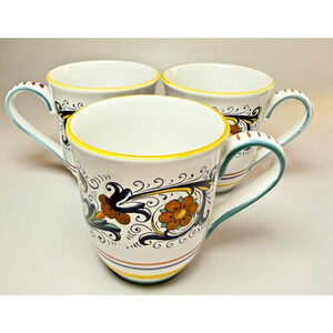 Set of 3 Sur La Table Nova Deruta Ricco Italy Hand Painted Stoneware Coffee Mugs